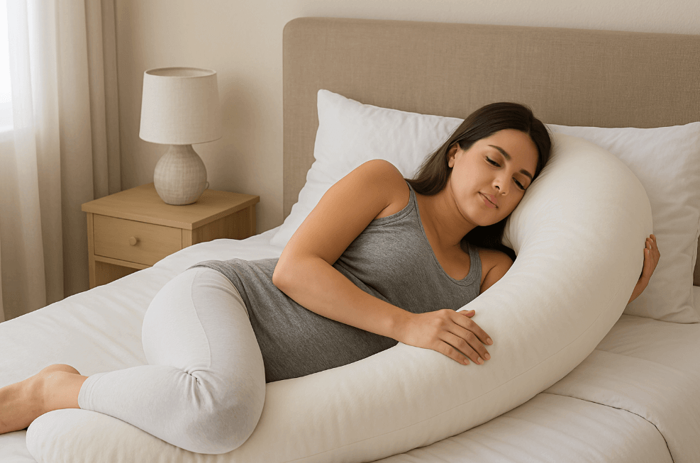 Woman sleeping with a body pillow | Sanggolcomfort.com