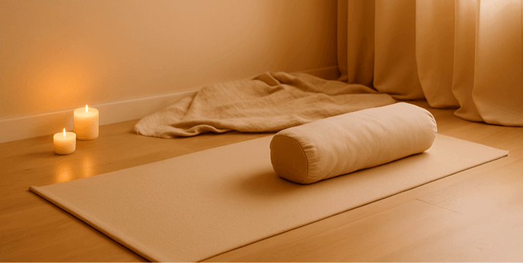 Yoga mat with cylindrical pillow and candles on a wooden floor in a softly lit room.