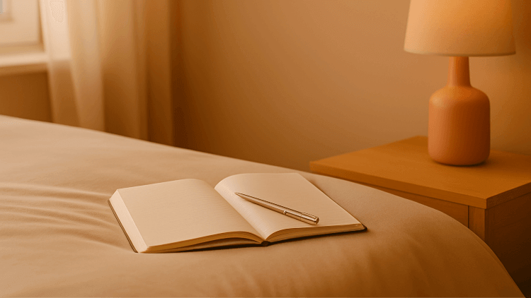 Open notebook with a pen on a bed next to a lamp in a warm-toned room.