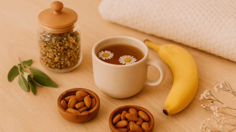Tea cup with flowers, jars, bowls of nuts, and a banana on a wooden surface.