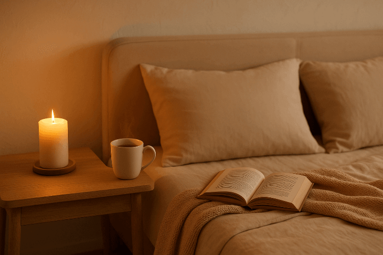 Cozy bedroom scene with a lit candle, mug, and book on a bed.
