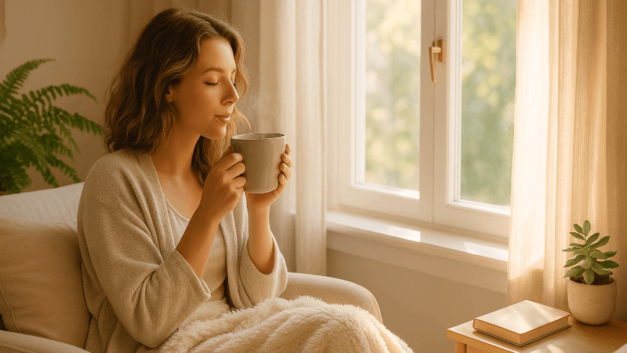 Woman sitting on a couch holding a mug in a cozy room with a window and plants.