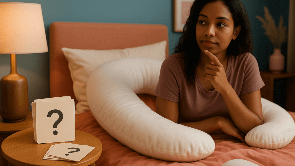 A woman in be looking like she has questions on her mind | FAQs Sanggolcomfort.com