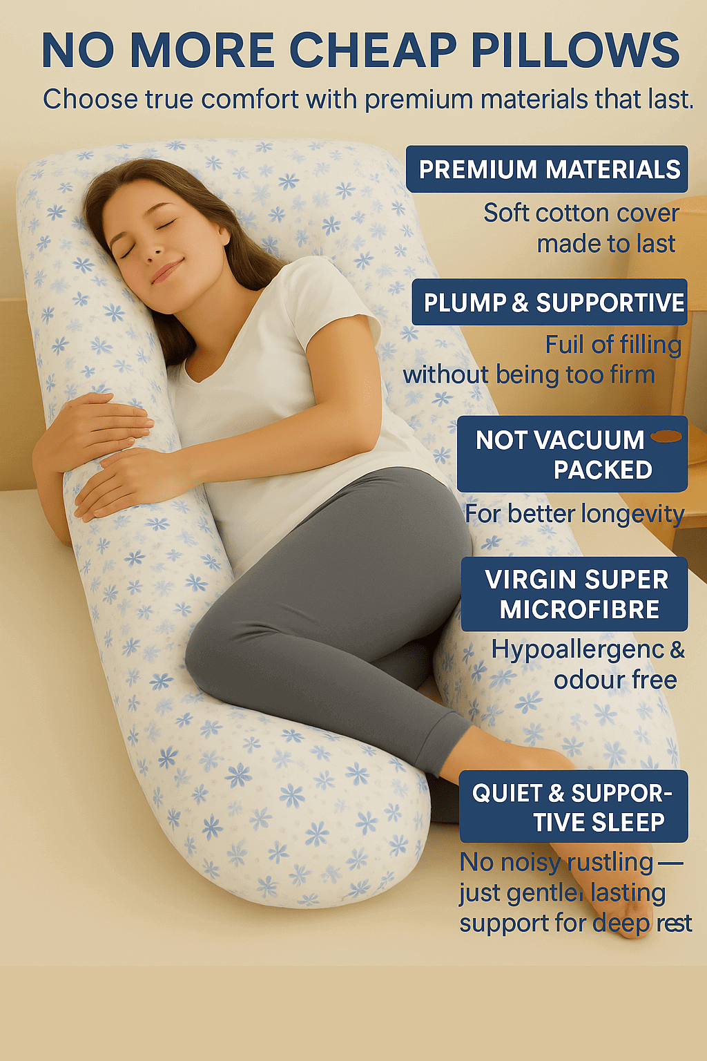 Woman lying on a U-shaped body pillow with features highlighted on a beige background | Sanggolcomfort