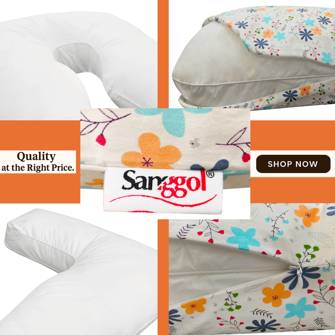 Collage of  close up of Sanggol body pillows with floral and plain designs, featuring Sargol brand logo.