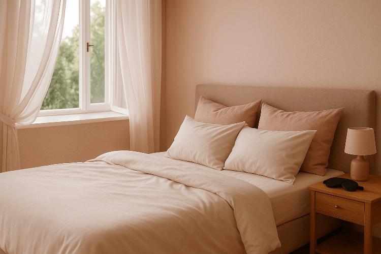 Neatly made bed with pink and beige pillows in a softly lit bedroom.| Sanggolcomfort.om