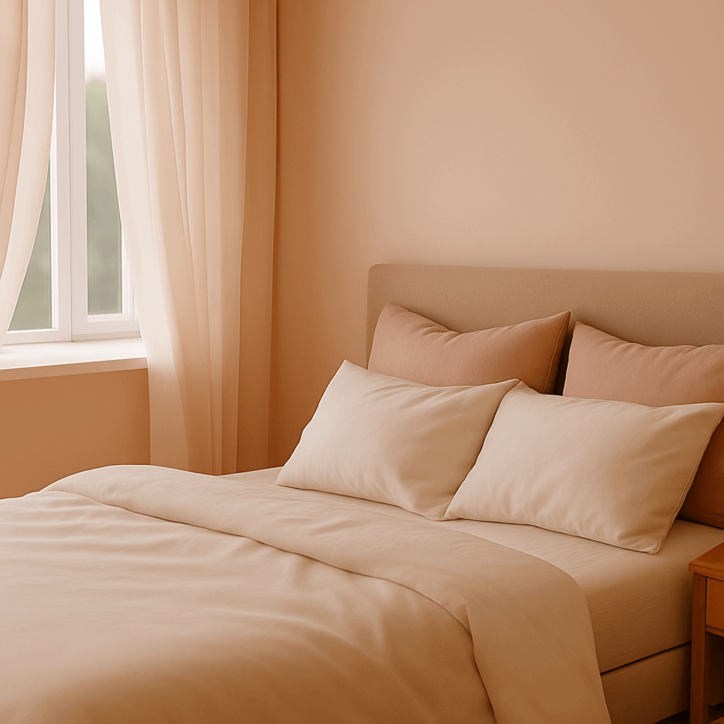 Neatly made bed with beige bedding and pillows in a softly lit bedroom. | Sanggolcomfort.com