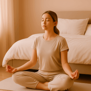 Woman meditating in a bedroom setting | Sanggolcomfort.com