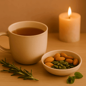 7 Day Sleep Comfort Plan Day 6 | Sanggol comfort.com - Mug of tea with a bowl of nuts and seeds on a wooden surface with a lit candle in the background.