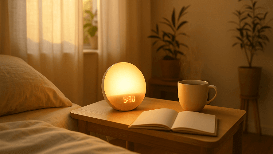 Bedside table with a glowing night light, cup, and book in a cozy bedroom setting.
