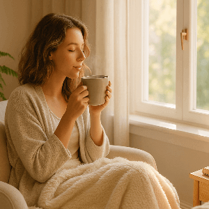 Woman sitting by a window holding a mug, wrapped in a blanket, in a cozy room.