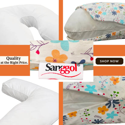 Collage of pillows with floral and plain designs, featuring Sanggol brand logo.