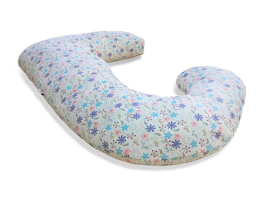 Side-sleeper J shaped pillow in soft Pink & Daisies pattern