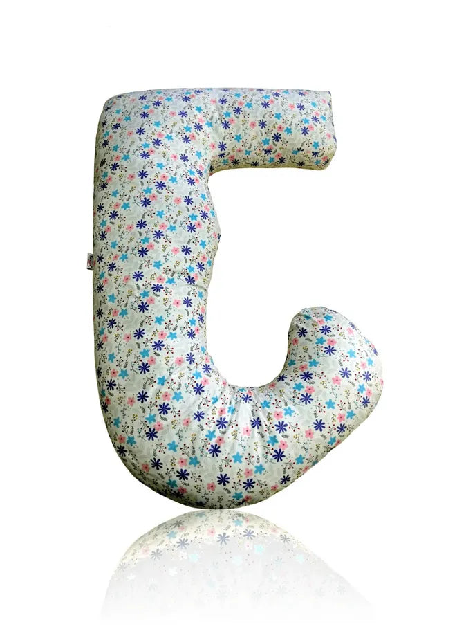 Pink and Blue Floral-patterned letter 'J' pillow on a white background