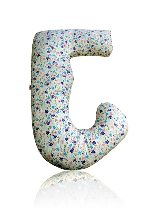 Pink and Blue Floral-patterned letter 'J' pillow on a white background