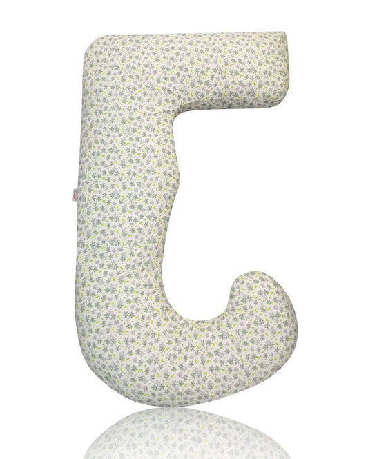 Letter 'J' shaped pillow with green floral pattern on a white background