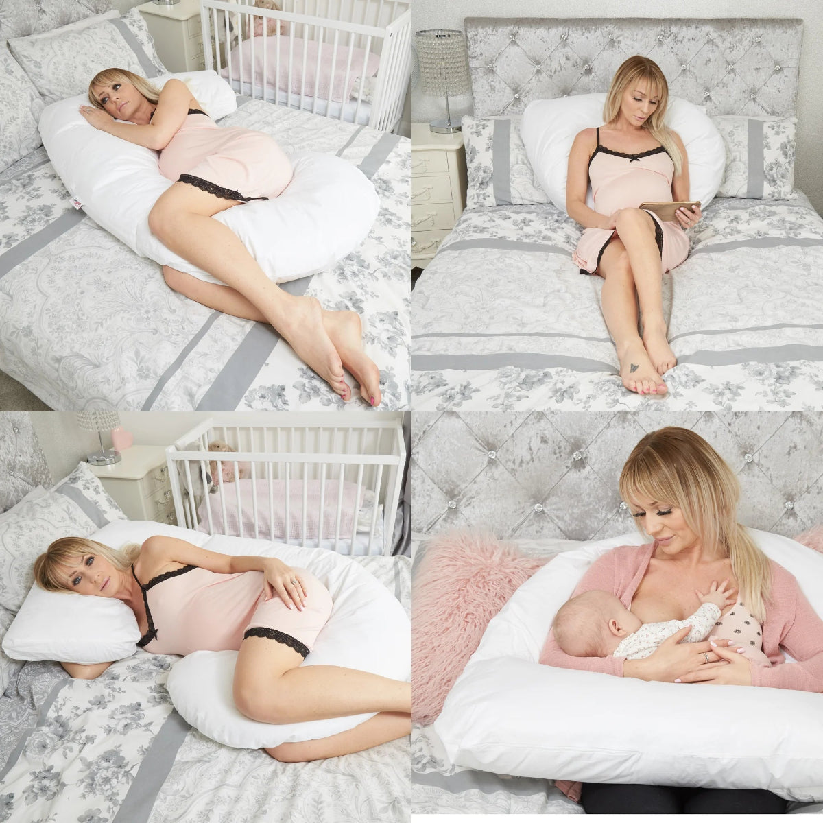 Woman using a Sanggol body pillow in various positions on a bed.