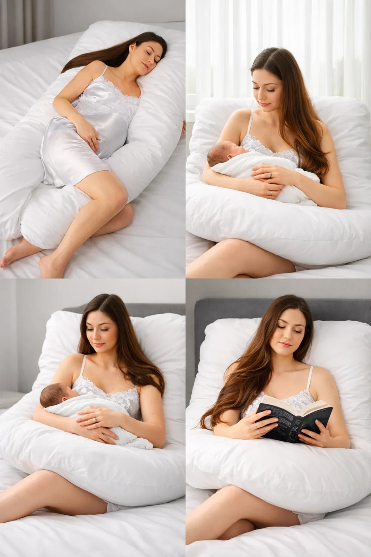 Woman using a white Sanggol body pillow  | Sanggol Pregnancy Pillow in various positions on a bed.