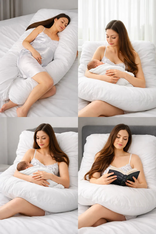 Woman using a white Sanggol body pillow  | Sanggol Pregnancy Pillow in various positions on a bed.