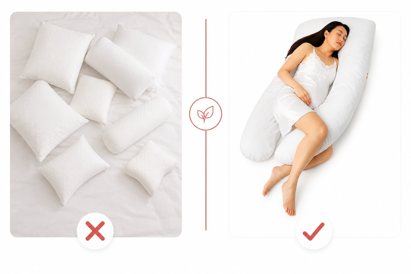 Comparison of standard pillows and a U-shaped body pillow with a person using it | Sanggol