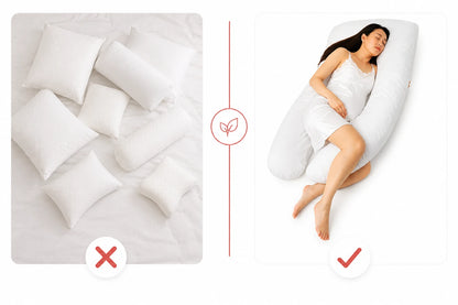Comparison of standard pillows and a U-shaped body pillow with a person using it | Sanggol