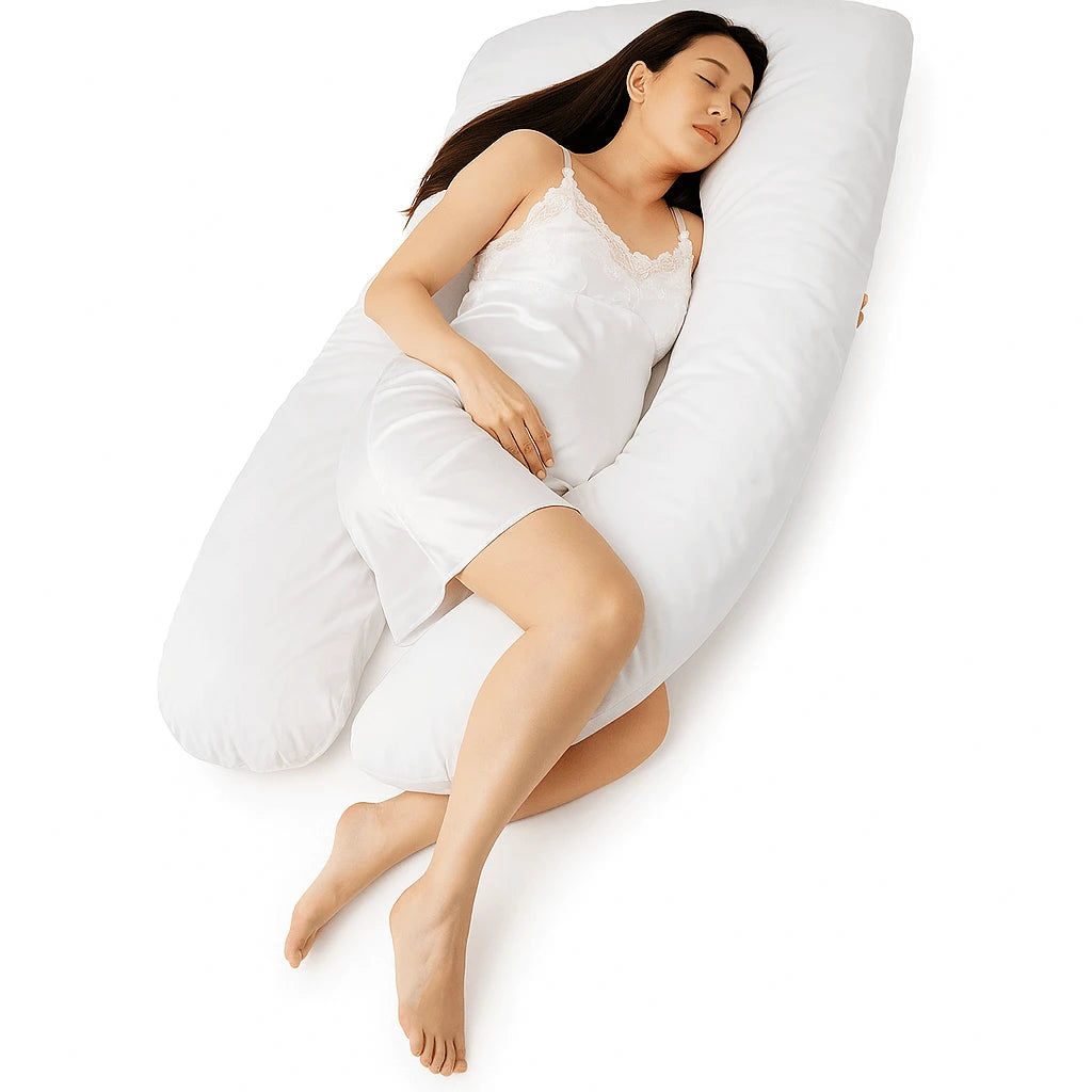 Woman sleeping on a large U-shaped maternity pillow | Sanggol